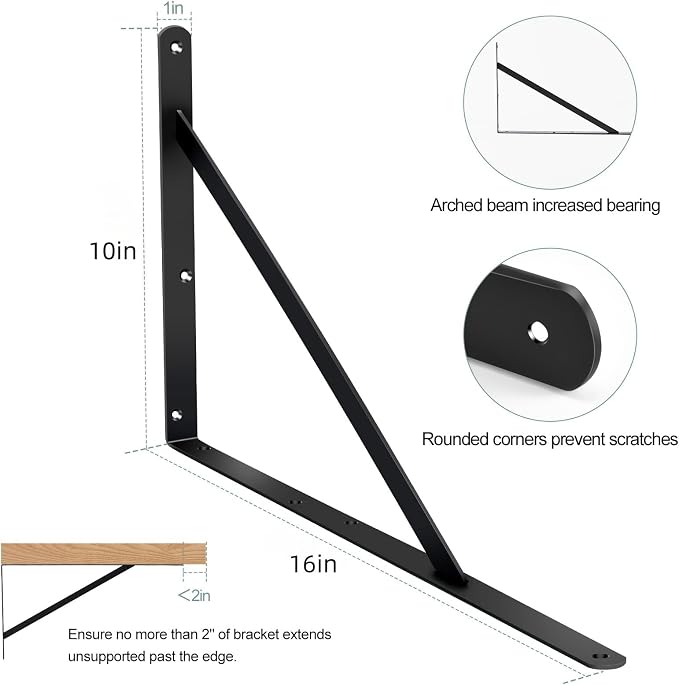 16 Pack L16 x H 10" Black Heavy Duty Shelf Brackets with Screws Metal Shelf Brackets Shelf Support Angle Brackets for Shelves L Brackets Heavy Duty Floating Shelf