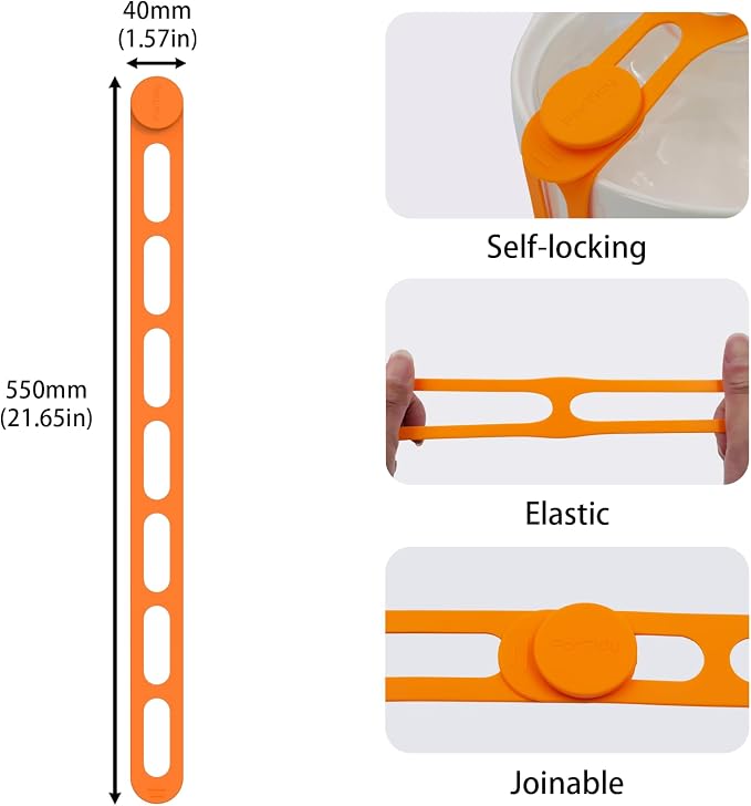 FORTIDY Silicone Latch Strap for Slow Cooker Lid, Pot, Bento Box, 21.65 in Reusable Elastic Self-Lock Silicone Tie for Bundling or Organizing Curtain, Cords, Yoga Mat, Camping Mat (Orange, 2pcs)