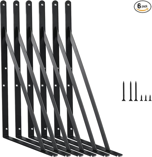 6 Pack L14 x H 10" Black Heavy Duty Shelf Brackets with Screws Metal Shelf Brackets Shelf Support Angle Brackets for Shelves L Brackets Heavy Duty Floating Shelf