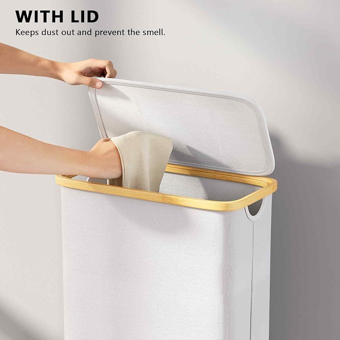 SpaceAid Slim Laundry Hamper with Lid, 65L Narrow Clothes Basket Bin with Bamboo Handles, Skinny Tall Collapsible Hamper for Bedroom, Bathroom, Dorm, Laundry Room - White