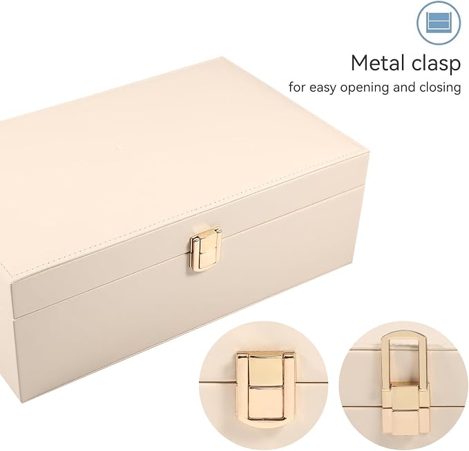 LANDICI Jewelry Box Organizer for Men Women, 2 Layer 4 Slot Watch Storage Case with Removable Tray, PU Leather Large Jewellery Holder Display for Watches Sunglasses Rings Earrings Necklace, Apricot