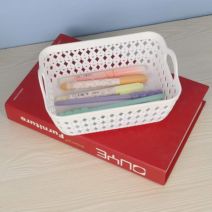 12-Pack White Plastic Woven Storage Basket Tray with Handle (Mini)