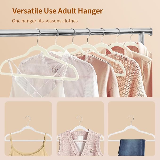 Stormix Adult Velvet Hangers Non-Slip Felt, Shoulder Notches, 36 Pack Cream