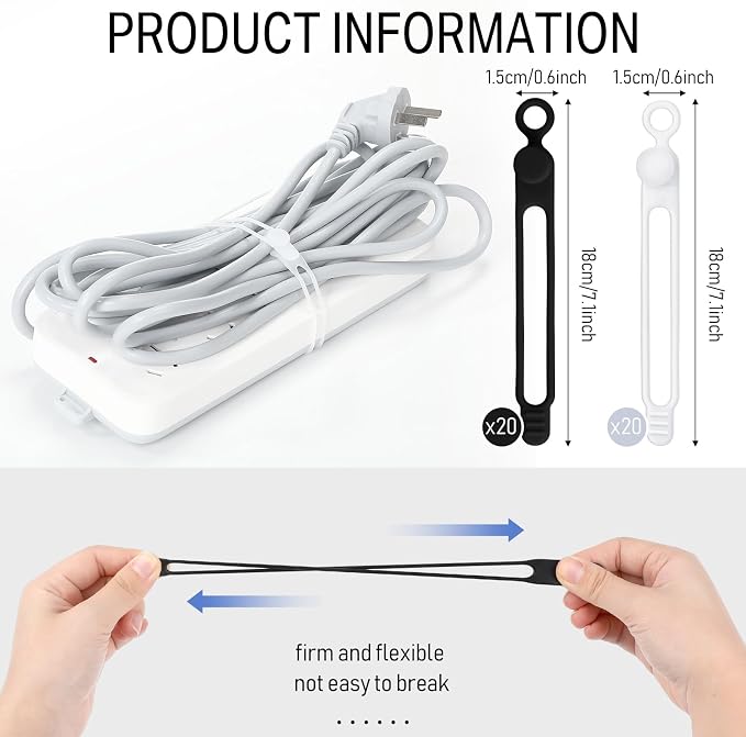 Nuanchu 40 Pcs Silicone Cable Ties Reusable Holder Adjustable Straps Multipurpose Charging Cable Organizer for Fastening Charging Cords Wires (4.17 Inch,Translucent, Black)