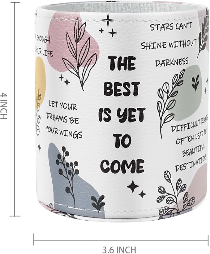 Pen Holder Cute, Pencil Cup, Makeup Brush Holder, Multi-Functional Round Leather Pen Supply Organizer for Teens Adults, Inspiring Words Pattern