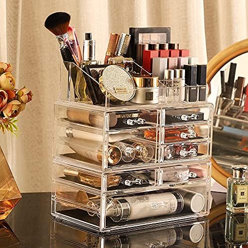 Cq acrylic 3 Pack Clear Make Up Organizer Countertop,Stackable 8 Drawers Makeup Storage,Cute Vanity Organizers for Dress