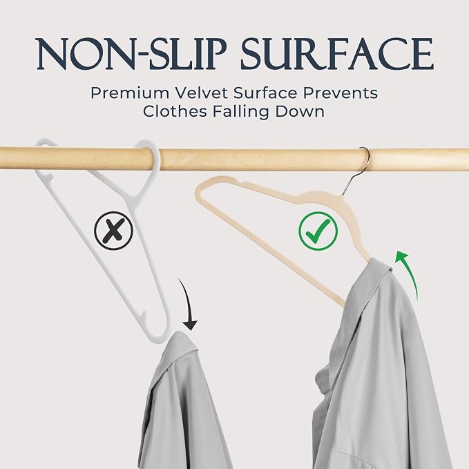 HOUSE DAY Beige Velvet Hangers 60 Pack, Non Slip Clothes Felt Hanger Heavy Duty for Coat, Premium Slim Space Saving Suit Hangers for Closet Organizer, 360° Rotating Silver Hook
