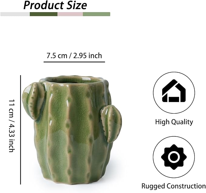 Ceramic Cactus Pen Holder, Cactus Decor Cute Pencil Holder, Makeup Brush Holder for Home, Office Desk Accessories(Light Green Cactus)