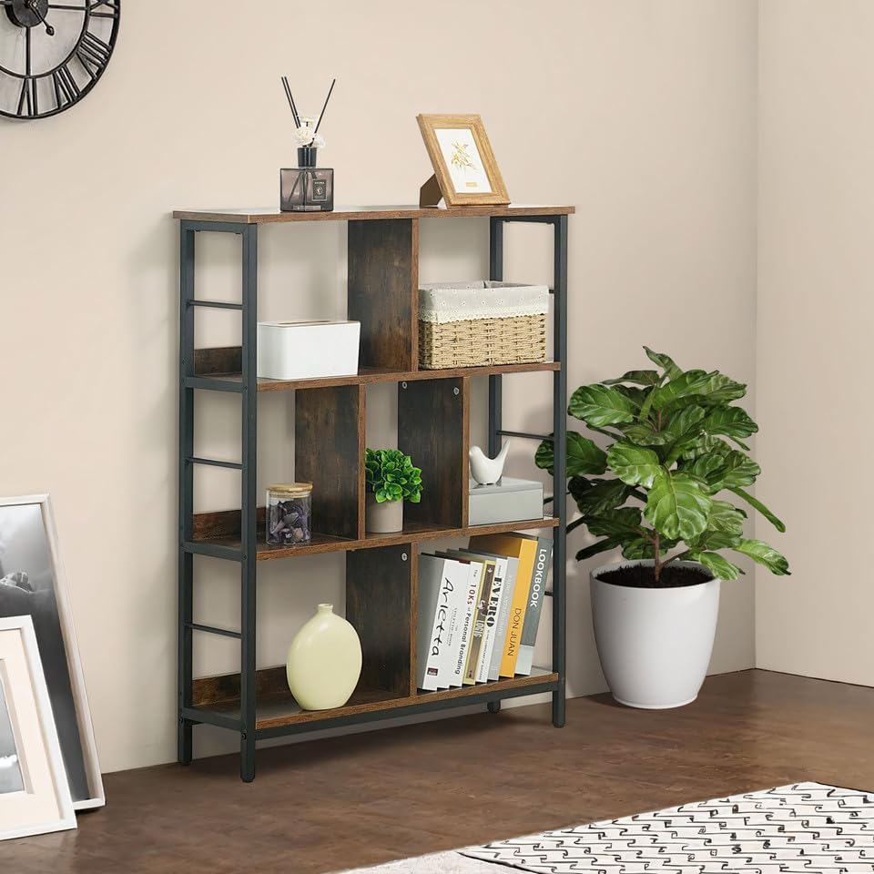 CAPHAUS 7 Cube Storage Organizer, 32” Wide 3 Tier Rustic Oak Industrial Open Shelf Bookcase, Display Shelf, Horizontal B