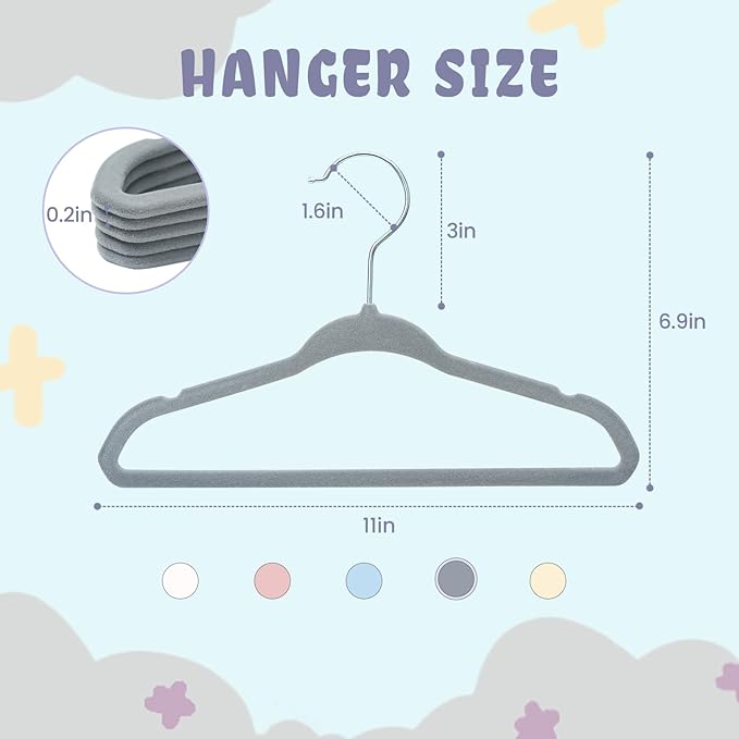 BAGAIL 50 Pack Kids Velvet Hangers 11 Inches Children's Clothes Hangers Non-Slip Baby Hangers for Infant/Toddler (Grey)