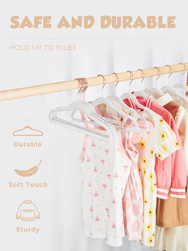 Smartor Kids Velvet Hangers 100 Pack, 14'' Inch Premium Non Slip Kids Felt Hangers for Closet, Space Saving Toddler Clothes Hanger for Youth's Childrens' Clothes (Rose Gold Hook)- White