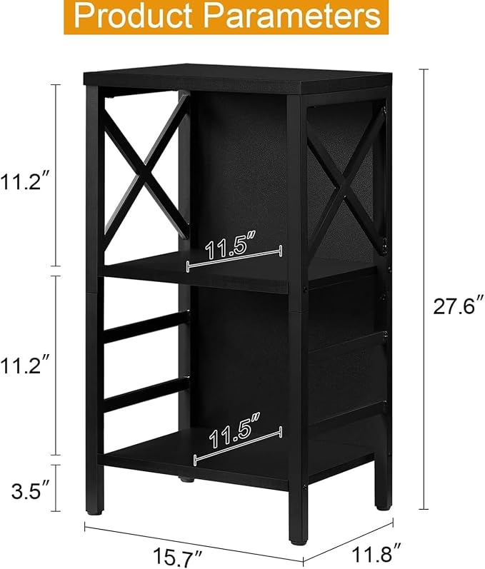 MNEETRUNG Book Shelf, Small 3-Tier Industrial Bookshelf with Strong Metal Frame & Backboard, 15.7" Short Bookcase for Small Spaces, Living Room, Bedroom and Home Office, Black