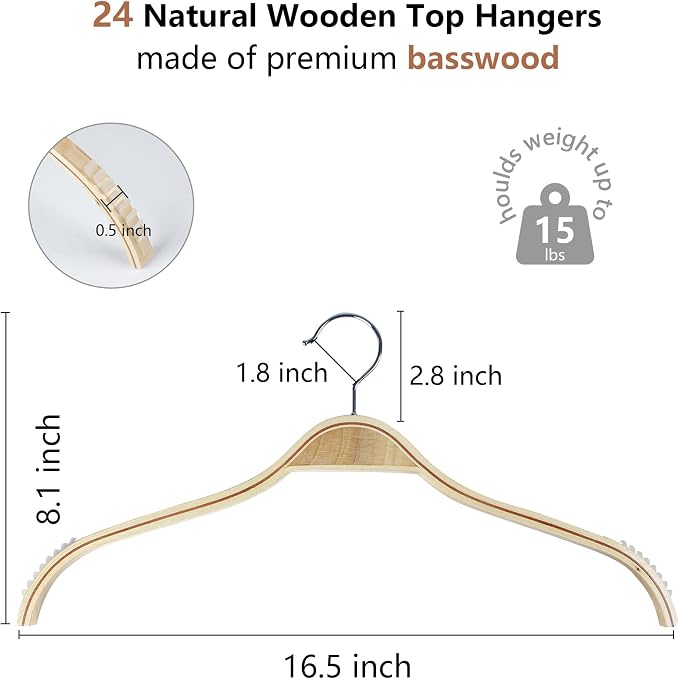 DEDU Wooden Hangers 24 Pack Lightweight, Coat Hangers for Closet Space Saving, Slim Wood with Soft Rubber Non Slip Strip for Wamisole, Wedding Dress, Sweater (Natural Finish)