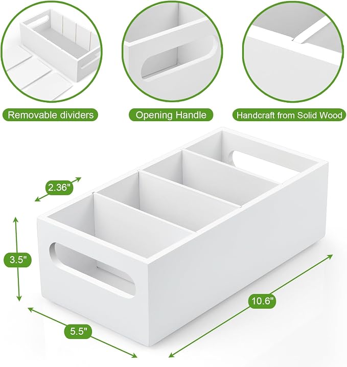 DRASTAR Pantry Organization and Storage Bins, Seasoning Packet Organizer with Removable Dividers,Wooden Storage Caddy for Kitchen, Pantry, Cabinet, Countertop, White