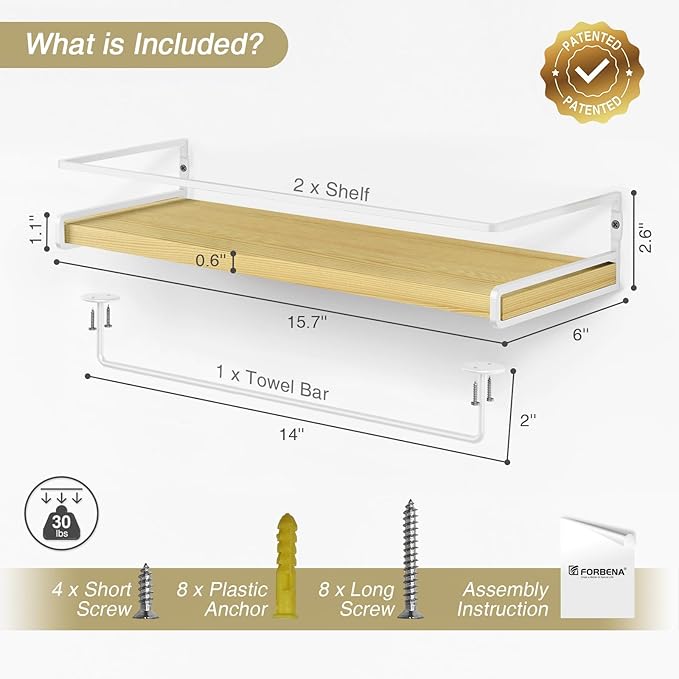 Forbena Natural Wood Bathroom Floating Shelves for Wall Set of 2, Light Wood Wall Shelves with Rail for Bathroom Nursery Office (Natural Wood and White)