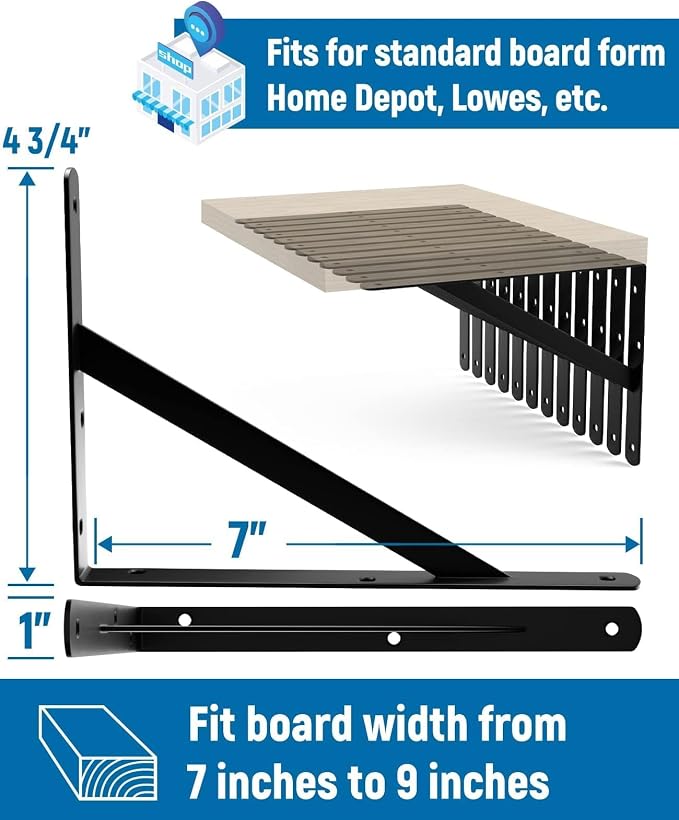 12-Pack 7 Inch Heavy Duty Shelf Brackets, Large Floating Wall Bracket for Garage Storage Shelves, Black Powder-Coated Finish, Load Capacity 800lbs