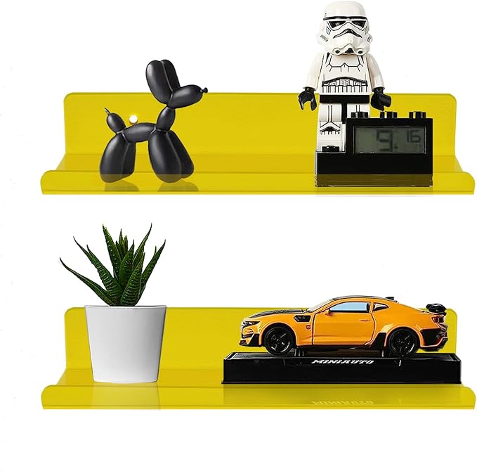 ROYALITA 2-Pack Small Acrylic Shelves Wall Mounted, 12 in Display Shelves | for Small Items, Plants, Room Decor Floating Wall Shelves for Gaming Room, Bedroom, Living Room, Office, Yellow