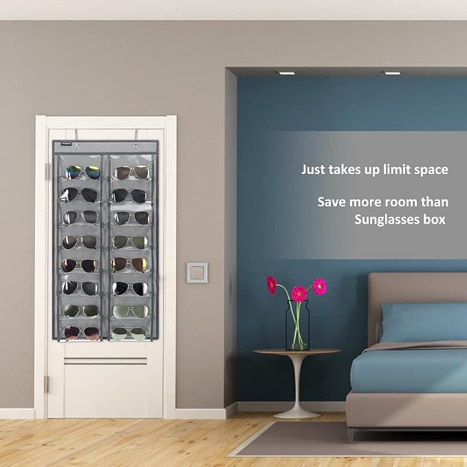 Over the Door Hanging Sunglasses Organizer Storage Sunglass Rack Holder Eyewear Display Case with 16 Clear Dust Proof Pockets (16 Pockets-Grey)