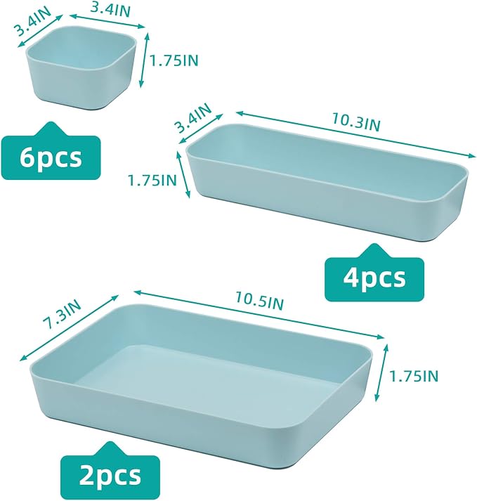 Set Of 12 Blue Color Plastic Desk Drawer Organizers For Makeup Bathroom Office Kitchen Vanity Drawer Storage Box Container