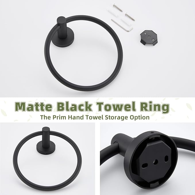 APLusee Round Hand Towel Ring for Bathroom Wall, Solid Stainless Steel Wall Mounted Bathroom Towel Holder, Modern Matte Black