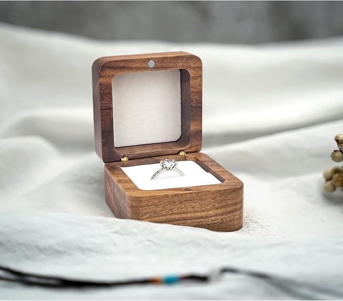Wooden Ring Box, Mini Engagement Ring Holder Box with Single Slot, Square Wedding Rings Box for Rings, Elegant and Retro RingHolder Box for Wedding, Ceremony (white)