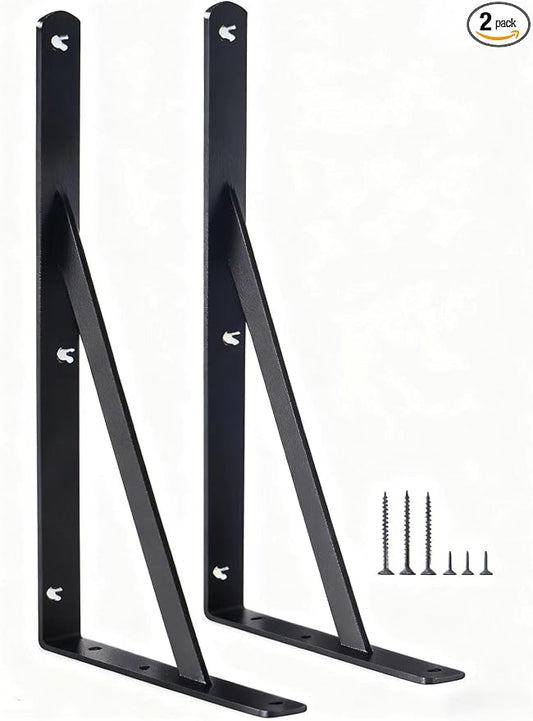 2 Pack L16 x H 10" Black Heavy Duty Shelf Brackets with Screws Metal Shelf Brackets Shelf Support Angle Brackets for Shelves L Brackets Heavy Duty Floating Shelf