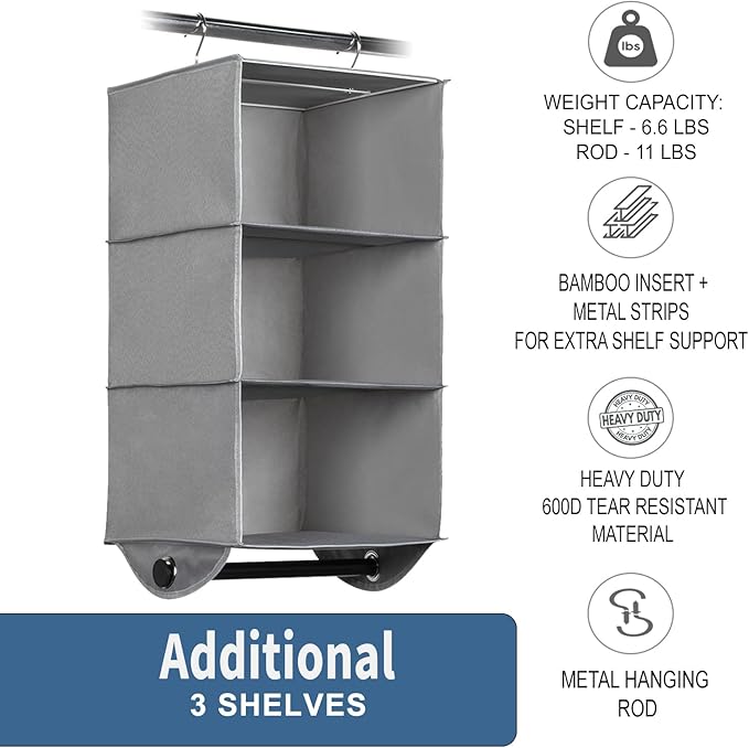HOLDN’ STORAGE Hanging Closet Organizer with Garment Rod, 3-Shelf | Heavy Duty Hanging Shelves for Clothes, Sweaters & Shoes, 600D Fabric Storage Unit with Built-in Clothing Rod, Grey