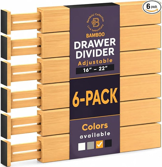 Bamboo Drawer Dividers 6 Pack - Adjustable 16-22 Inch Spring Loaded Deep Drawer Organizer Separators, 2.6 Inch High Non Slip Bamboo Dividers for Kitchen, Dresser, Clothes, Utensils, Bathroom, Office