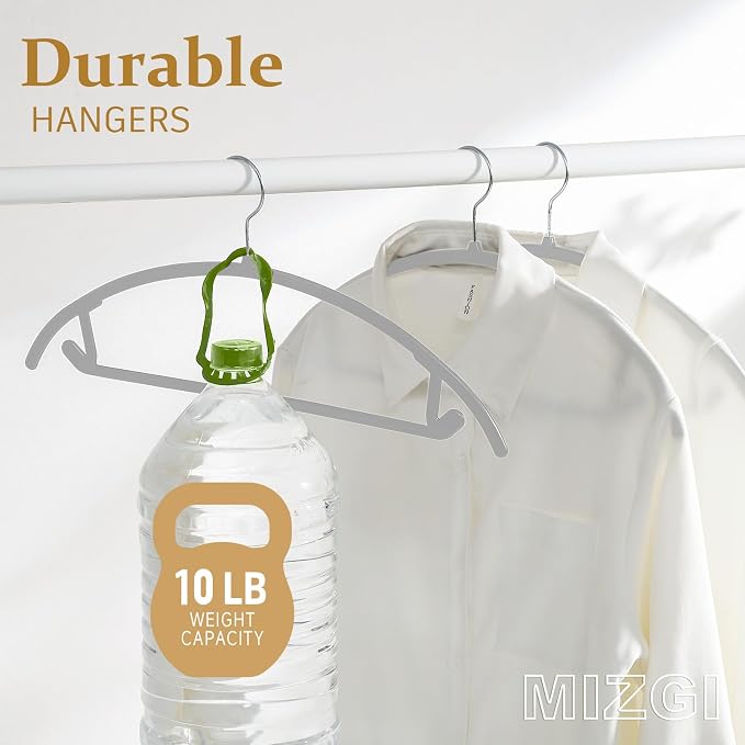 MIZGI Premium Plastic Hangers (Pack of 50) Heavyduty- Gray No Shoulder Bump Suit Hangers - Space Saving Clothes Hangers,Rounded Hanger for Coat,Sweater,Jackets,Pants