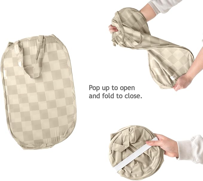 3 Sprouts Pop Up Hamper - Collapsible Laundry Basket, Popup & Foldable Design - Durable Waterproof Fabric for Dirty Clothes, Toys & Towels - Ideal for Dorm, Bedroom & Baby Nursery, Checkerboard Beige