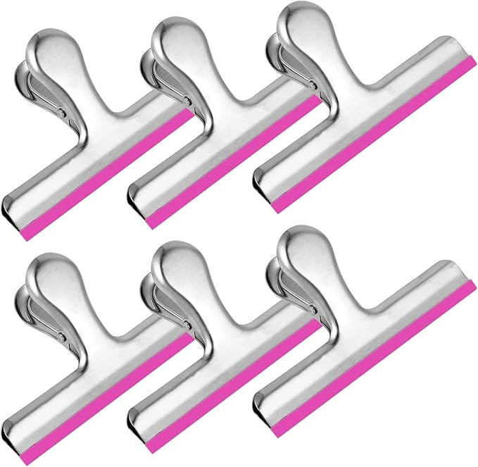 HOUSE AGAIN 6 Pack Stainless Steel Lagre Chip Bag Clips Covered with Silicone - NO More Sharp Edges - Color Coded for Food Bags - Air Tight Seal, Heavy Duty for Kitchen and Office, 5 Inches, Pink