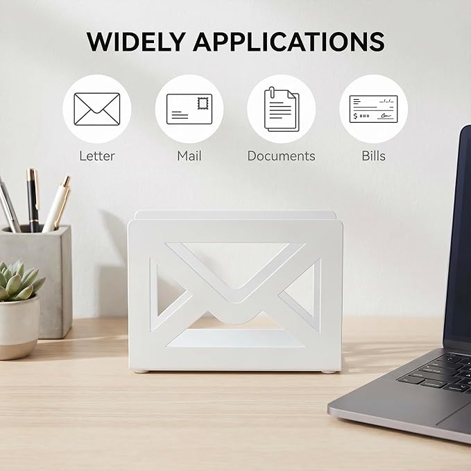 MyGift White Metal Desktop Mail Holder with Cutout Envelope Design Home and Office Desk Letter Organizer