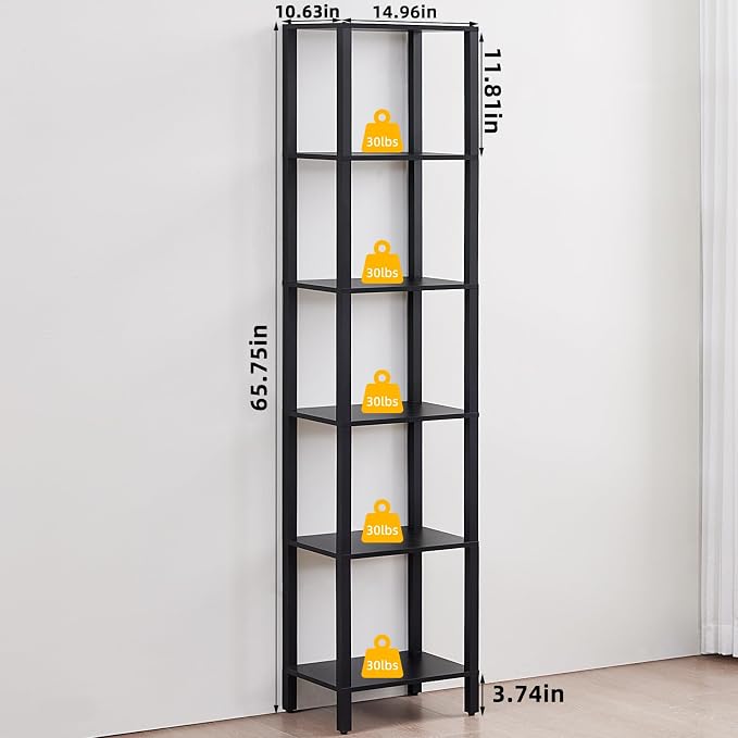 YUFAM 66in Tall Bookshelf 6-Tier Small Narrow Bookcase, Skinny Book Shelf for Small Space, Farmhouse Slim Shelf with Storage, Wood Freestanding Display Thin Bookshelves for Living Room, Office, Black
