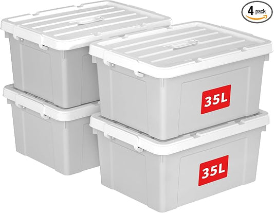Cetomo Lidded Storage Bin with Handle, Tote Organizing Container with Durable Lid and Secure Latching Buckles, Stackable and Nestable, Plastic, 40 Quart-4 Pack, Gray