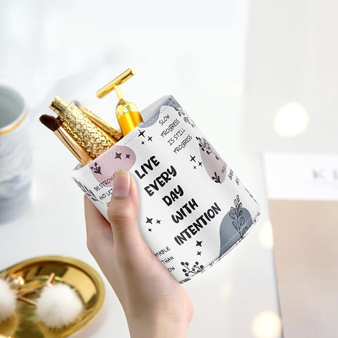 Pen Holder Cute, Pencil Cup, Makeup Brush Holder, Multi-Functional Round Leather Pen Supply Organizer for Teens Adults, Inspiring Words Pattern