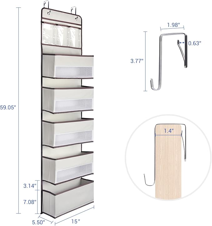 NesTidy Over The Door Organizer Storage 6 Layers, Wall Mount Hanging Organizer with 5 Large Pocket Organizers and 3 Small Pockets for Baby Essentials, Toys, Cosmetics, and Sundries (Beige, 1 Pack)