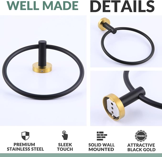 APLusee Black Gold Towel Ring for Bathroom Wall, Stainless Steel Hand Towel Holder, Wall Mounted