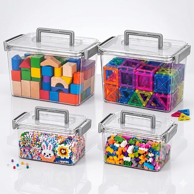 Plastic Storage Containers And Organization Bins Box Stackable with Lid and Secure Latching Buckles, Clear Clip Box For Kitchen or Pantry Storage Cabinet 4 PACK