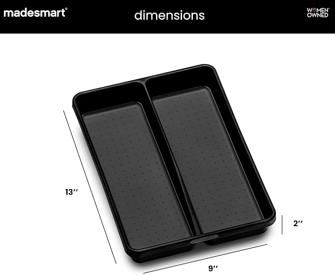 madesmart 2 Compartment Drawer Organizer, Multi-Purpose Storage for Kitchen, Office & Bathroom, Non Slip, Soft Grip Lining, Easy-Clean Design, Black