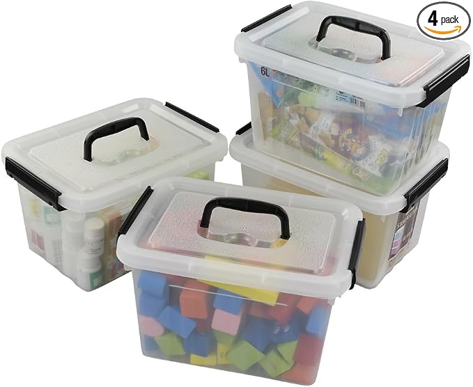 Ggbin 6 Quart Clear Latch Storage Box with Black Handle and Latches - 4 Pack