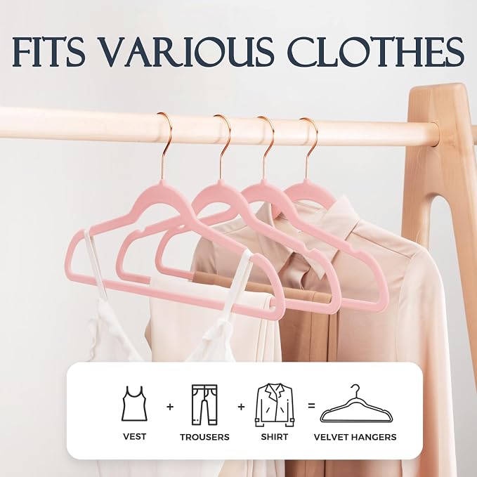 HOUSE DAY Pink Velvet Hangers 240 Pack, Premium Clothes Hangers Non-Slip Felt Hangers, Sturdy Black Hangers Heavy Duty Coat Hangers, Durable Suit Hangers, Space Saving No Hanger Mark Rotating Hook