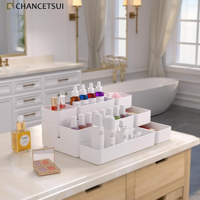 9 Pcs Stackable Drawer Organizer Trays Set, Multifunctional Stackable Storage Trays for Vanity, Bathroom, Kitchen, Desk Drawer Organizer Office. Plastic Drawer Organizers Available In 5 Colours, White