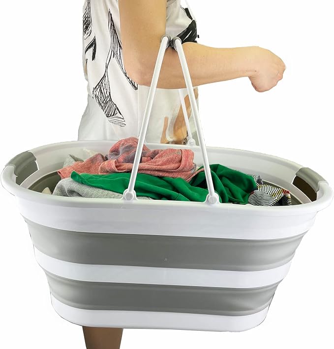 SAMMART 38L (10 Gallons) Collapsible Plastic Laundry Basket - Foldable Storage Container/Organizer - Portable Washing Tub - Space Saving Laundry Hamper (White/Grey)