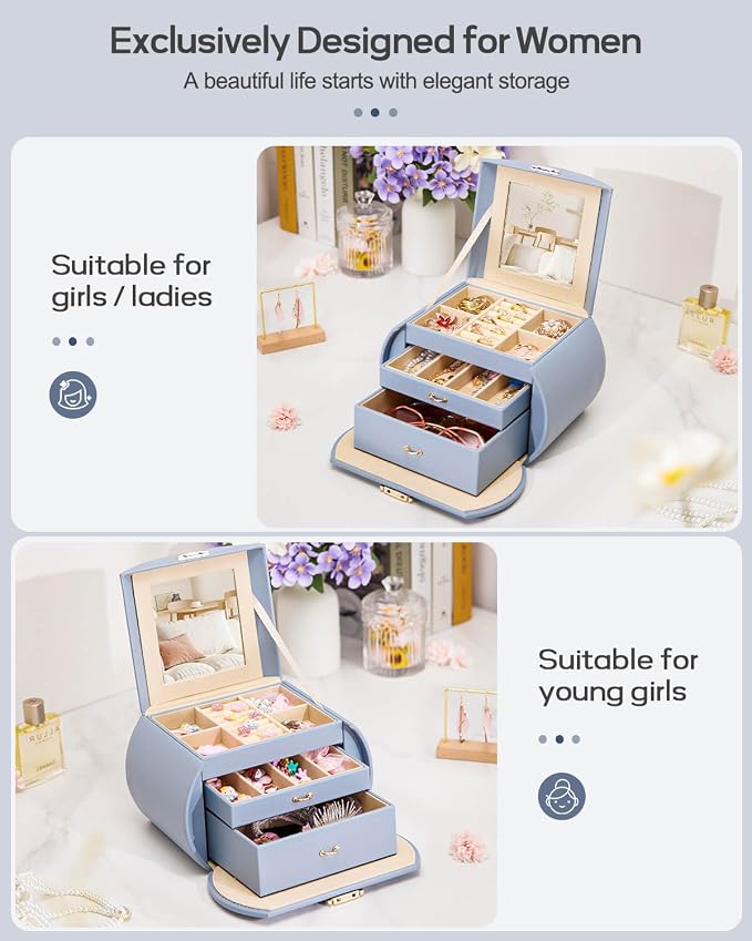 Homde Girls Jewelry Box Jewelry Storage Case Organizer Faux Leather with Mirror for Rings, Earrings, Bracelets, Necklaces (Grey Blue) - Gifts for Mother's Day
