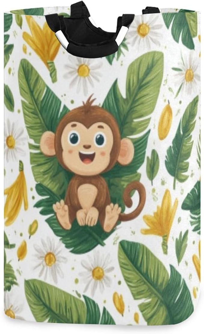 Sunny Monkey with Daisies Large Laundry Hamper Basket, Collapsible Laundry Bag Storage Bins Baskets with Handles for Laundry, Bedroom, Home Decor
