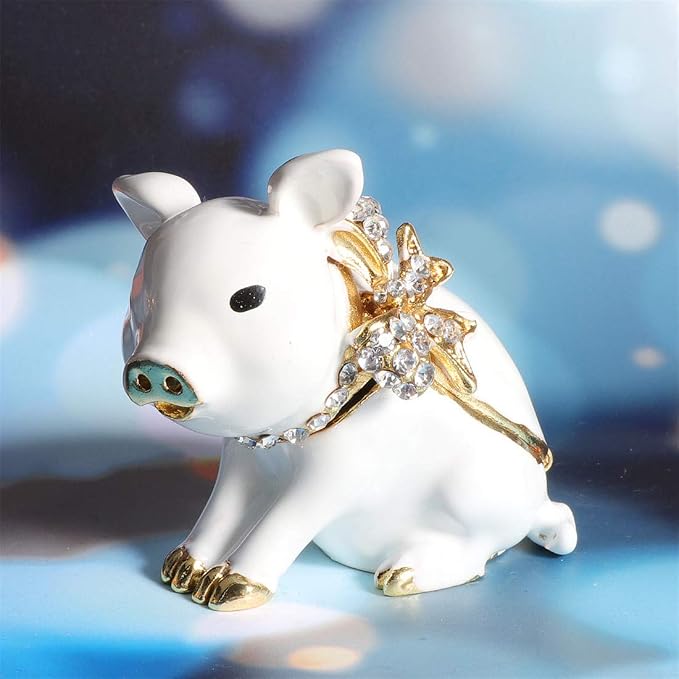 Waltz&F White Pig with Bowknot Handcrafted Pewter Trinket Box Ring Holder Decorative Figurine Collectible