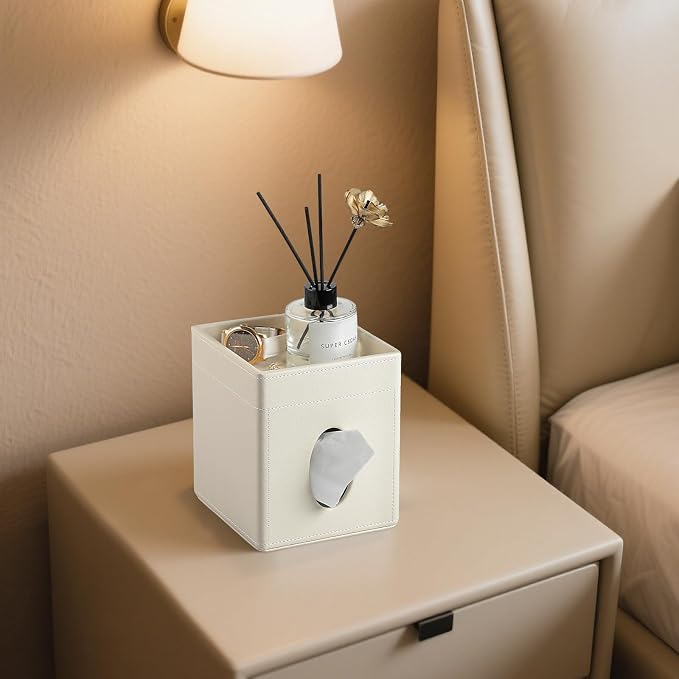 Tissue Box Cover, PU Leather Square Tissue Box Holder with Storage Tray for Bathroom Vanity Countertop Night Stands Bedroom Office Desk, Stylish Tissue Holder Decorative Organizer (Cream)