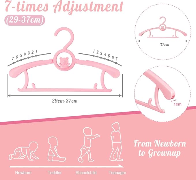HGYZE Kids Hangers 11"-14" Adjustable Plastic Baby Girl Hangers 20 Pack, Toddler Bear Hanger for Children's Clothes Sweaters, Infant Hangar for Closet with Non-Slip Shoulder Grooves & Pants Bar, Pink