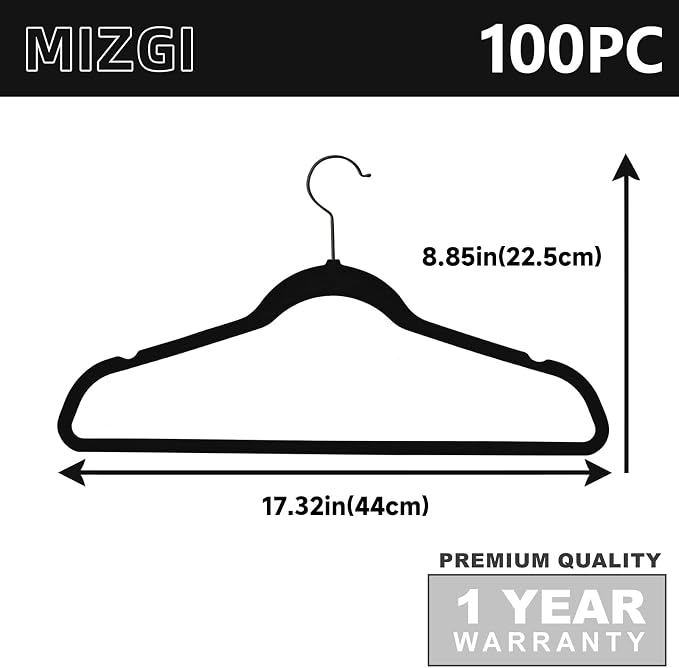 MIZGI Premium All Black Velvet Hangers with Black Hooks 100 Pack Heavy Duty - Non Slip Felt Hangers - 360 Degree Swivel,Space Saving Clothes Hangers,Durable Strong Hangers for Suits,Coat