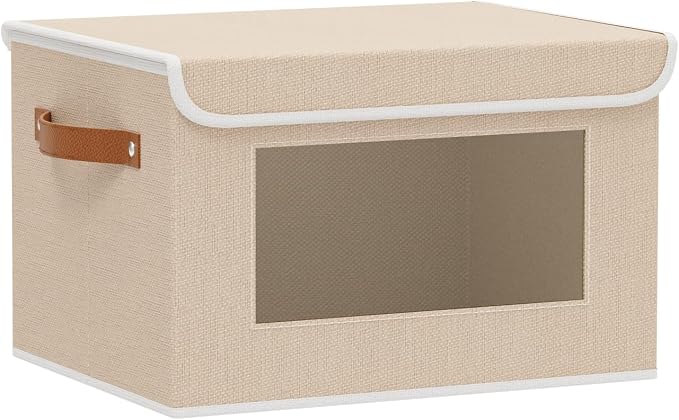 Beige Portable Storage Box,Closet Bin,10.2x7.8x6.7In,1Pack | Decorative Storage Bins with Lids,Shelf Baskets with Handles and Window,Fabric Closet Organizers,Sock Cube Container for Home